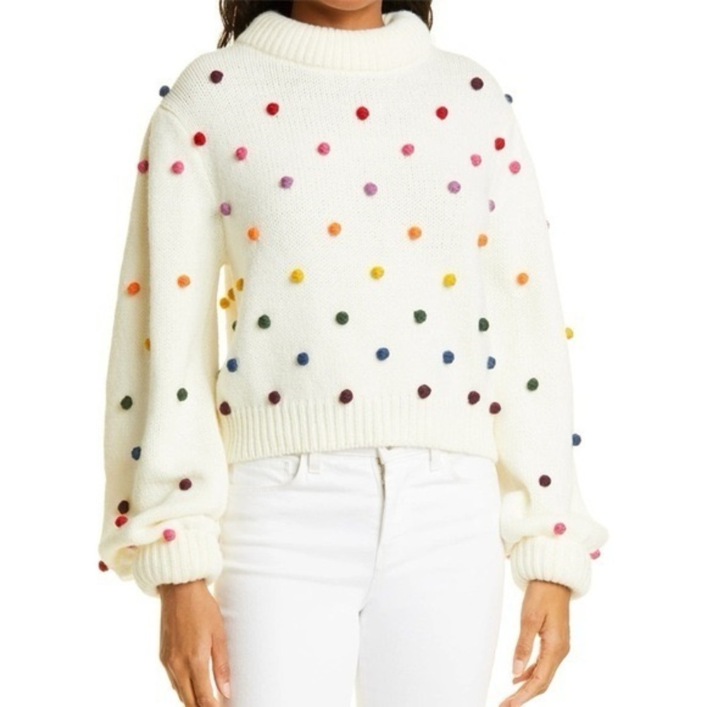 FARM Rio White Pom-Pom Dot Sweater with Multicolor Accents